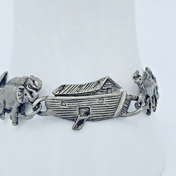 Noah's Ark Bracelet Vintage Charm Pewter Christian Religious Bible Story Jewelry - Picture 5 of 8